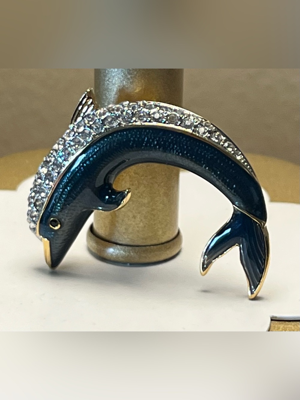 Vintage Blue/Green Enamel Dolphin Brooch with Clear Crystal Accents